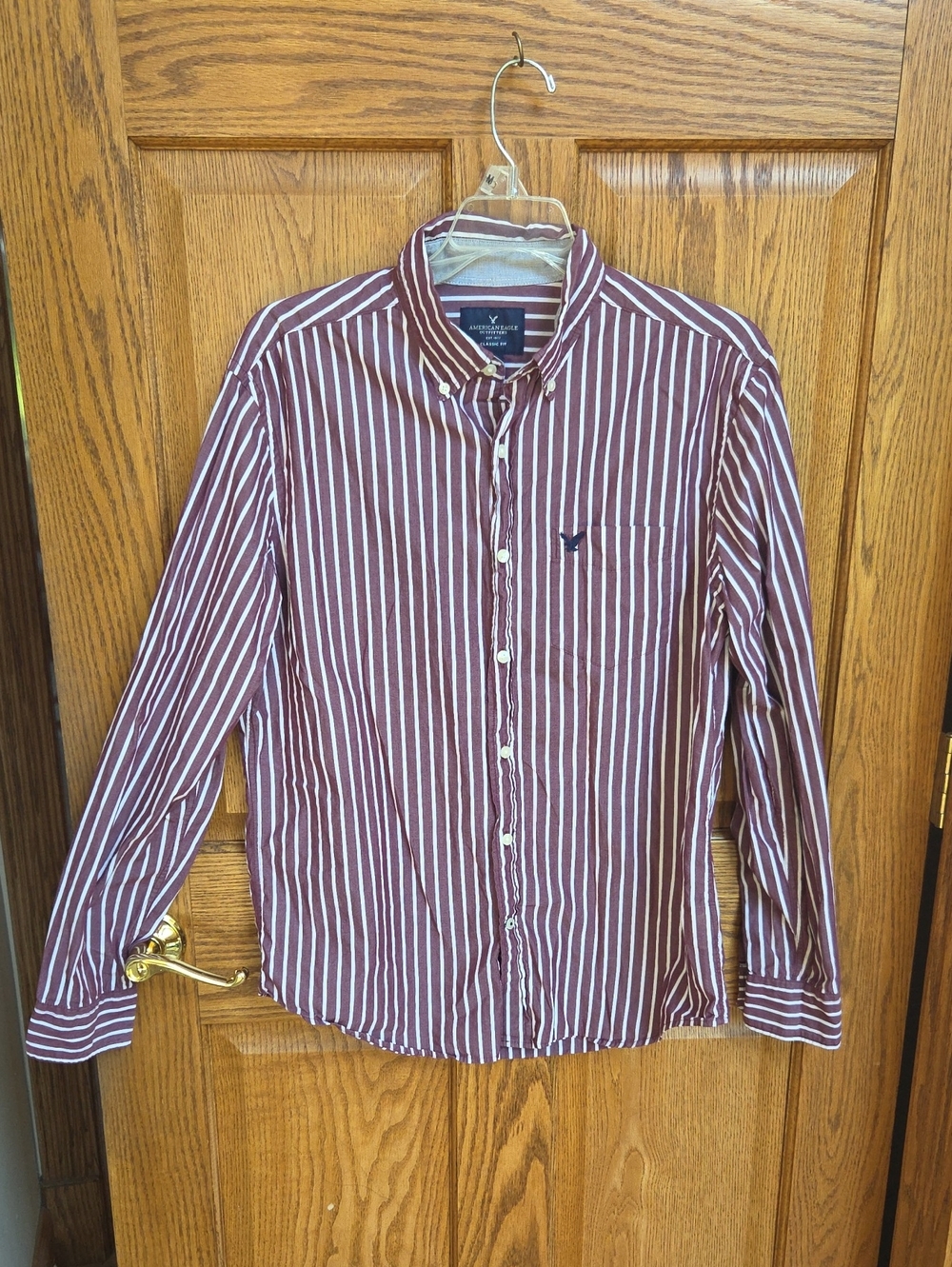 American Eagle Outfitters Burgundy & White Striped Button-Down Shirt